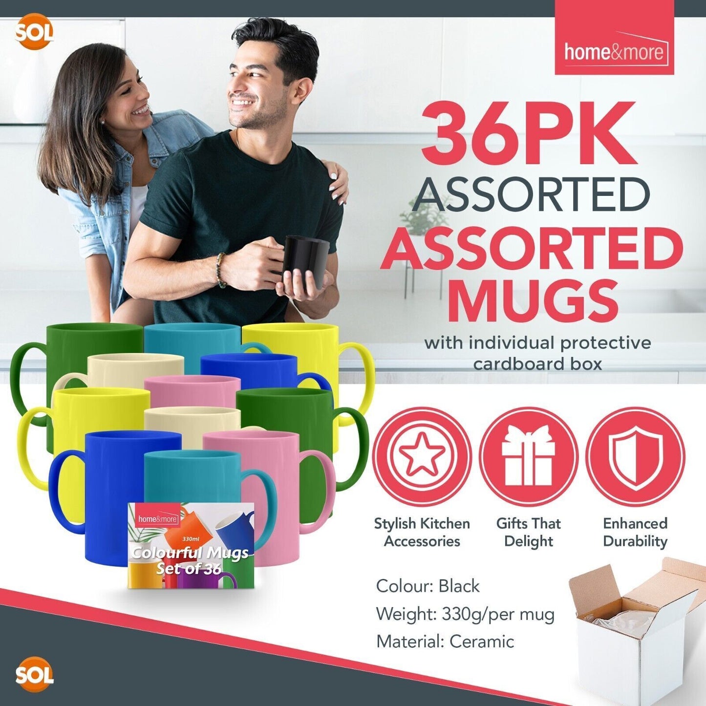 12-36 Multi Coloured Mugs 330ml | Colourful Ceramic Stoneware Coffee Tea Cup Set