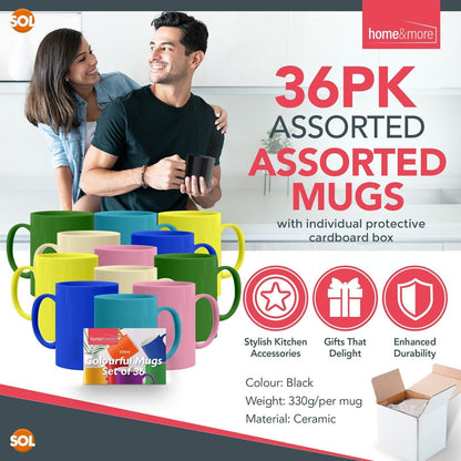 12-36 Multi Coloured Mugs 330ml | Colourful Ceramic Stoneware Coffee Tea Cup Set