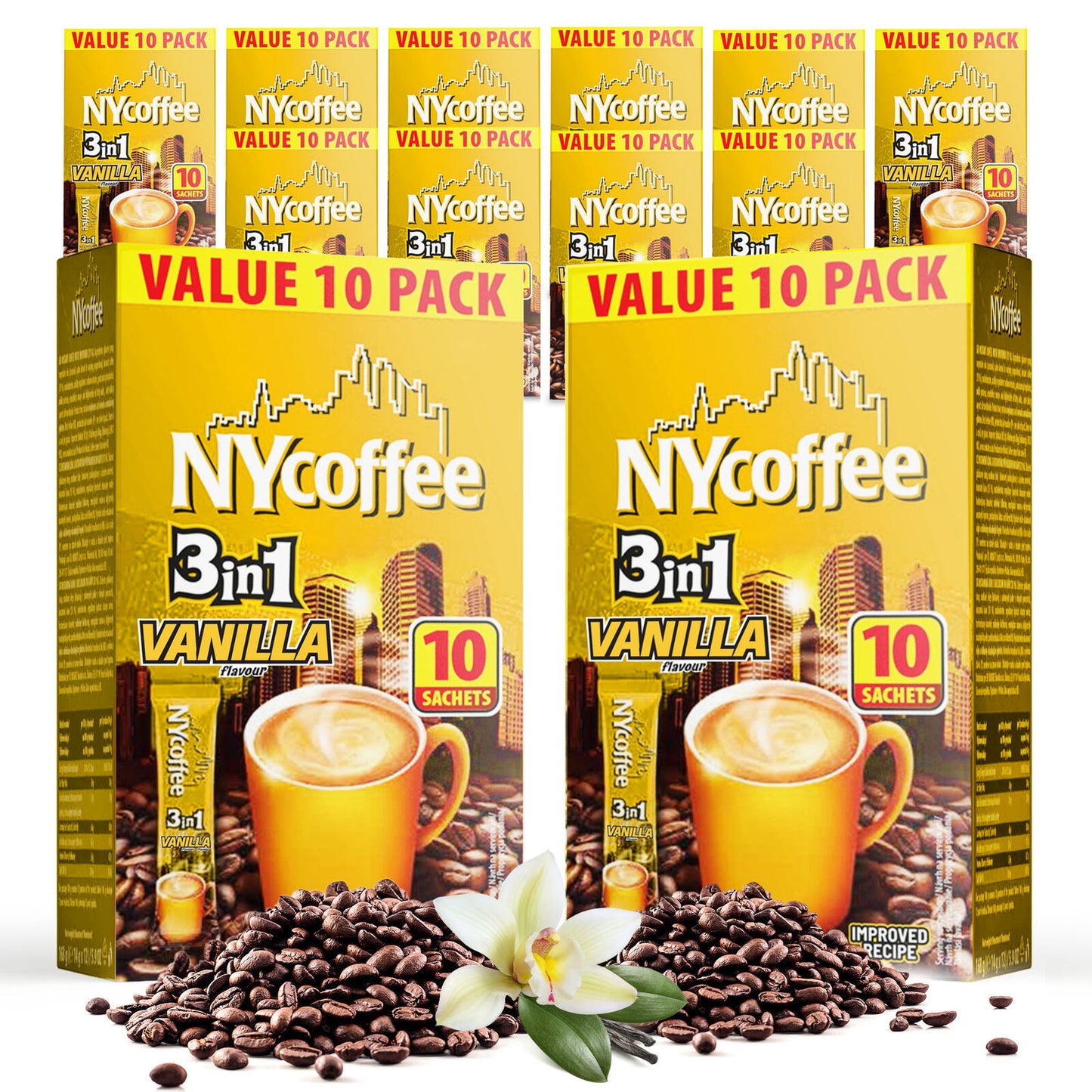 NY Coffee 3 in 1 Vanilla 100 Sachets Sticks 10x10pk Instant White & Sugar