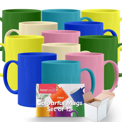12-36 Multi Coloured Mugs 330ml | Colourful Ceramic Stoneware Coffee Tea Cup Set
