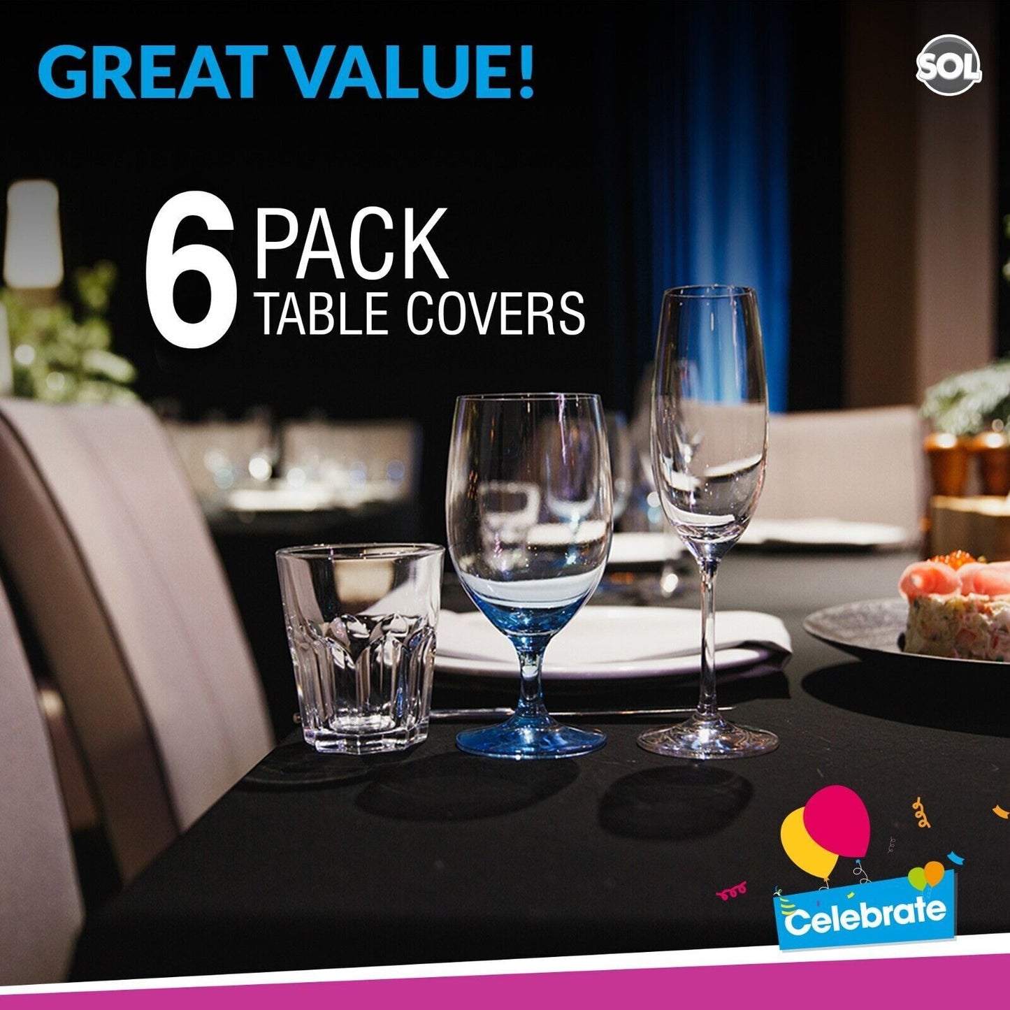 6pk Black Plastic Table Covers Tablecloth Disposable Wipe Clean Party Tablecover