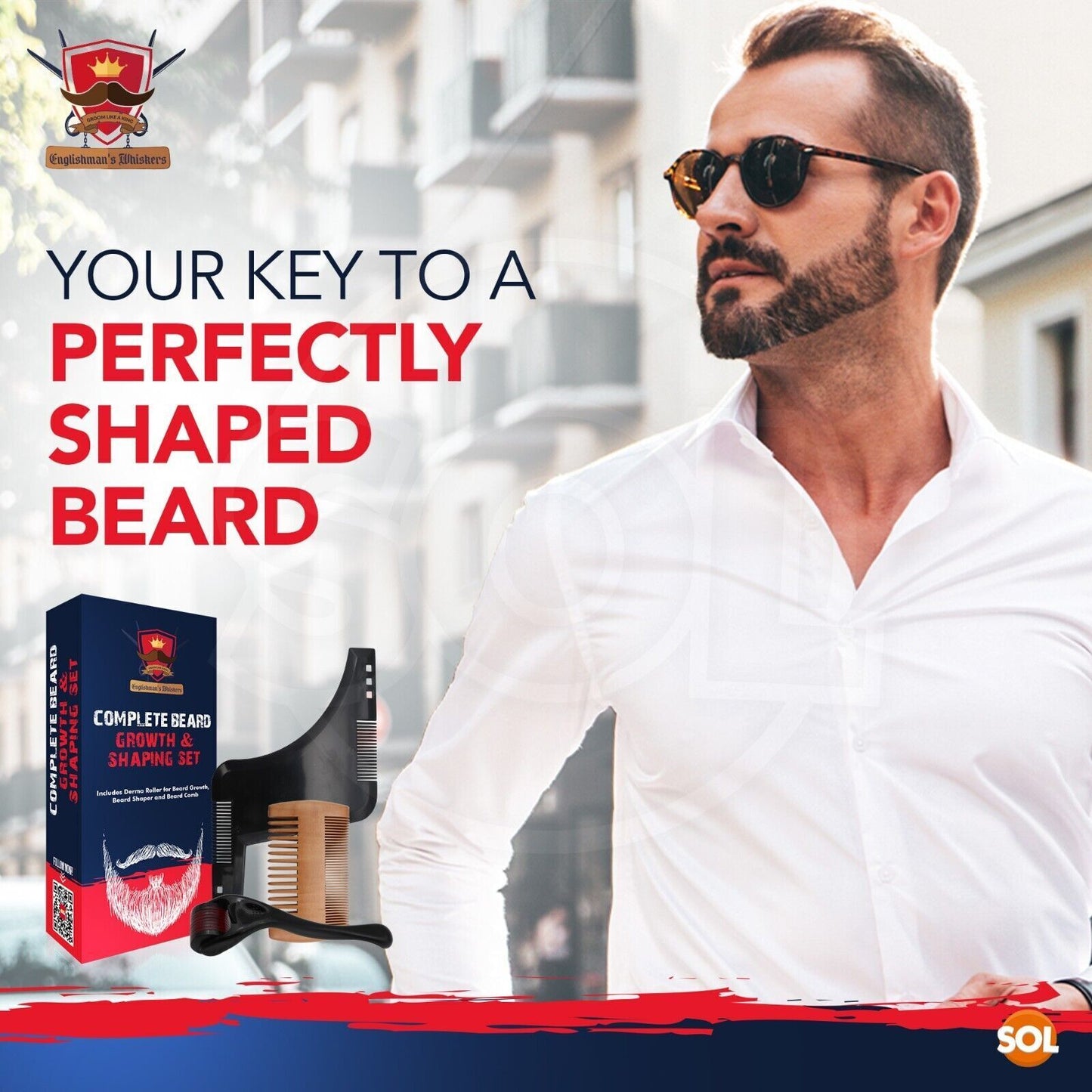 Beard Growth Kit for Men | Derma Roller Shaping Shaper Tool Grooming Wood Comb