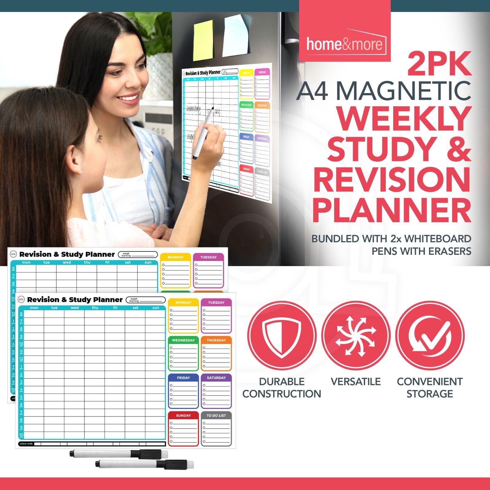 2pk Magnetic Study Planner Weekly Daily Hourly Revision Tracker + Dry Wipe Pens