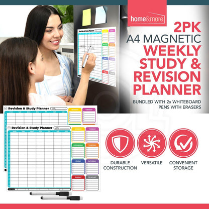 2pk Magnetic Study Planner Weekly Daily Hourly Revision Tracker + Dry Wipe Pens