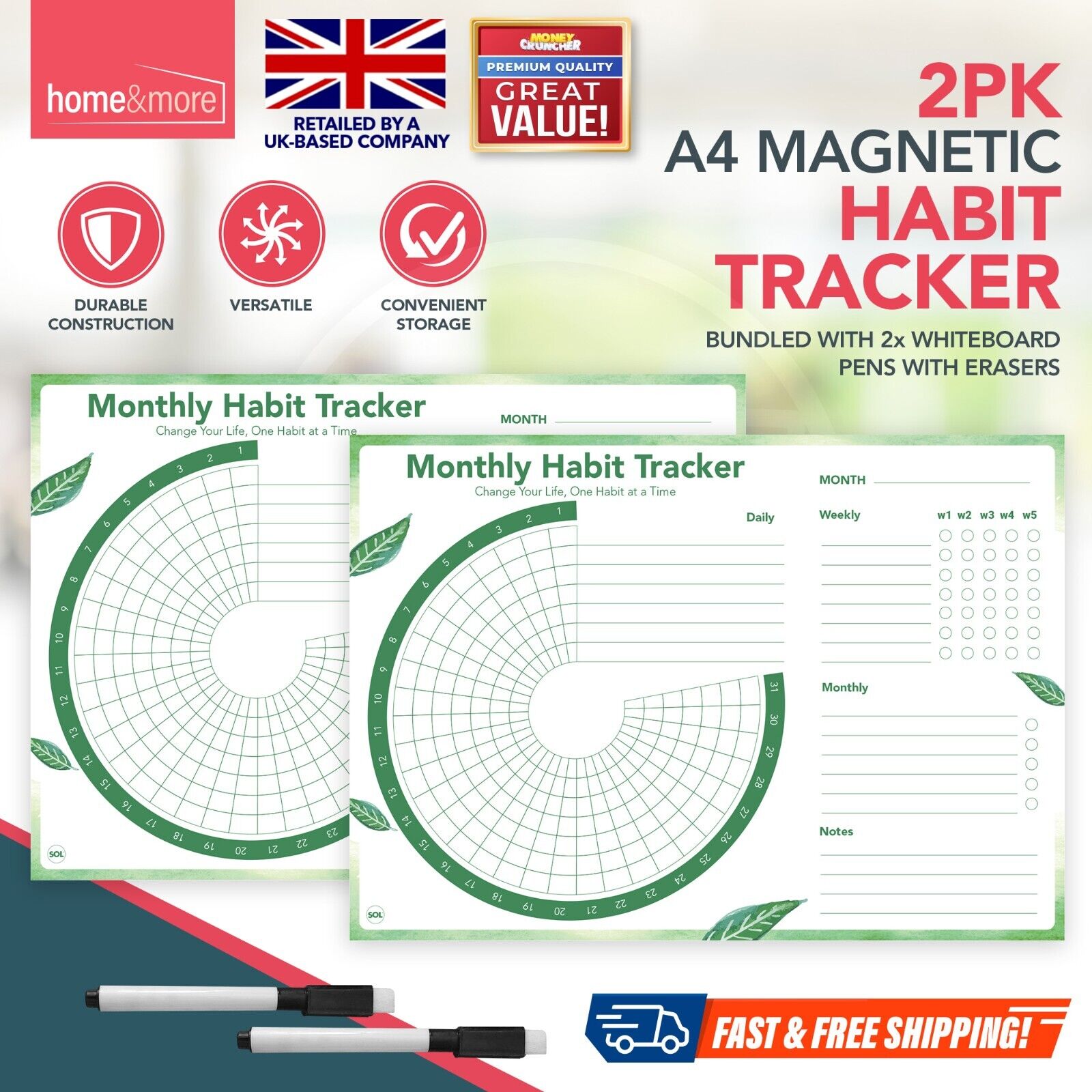 2X Magnetic Habit Tracker A4 Daily Weekly Monthly Planner To Do List + Wipe Pens