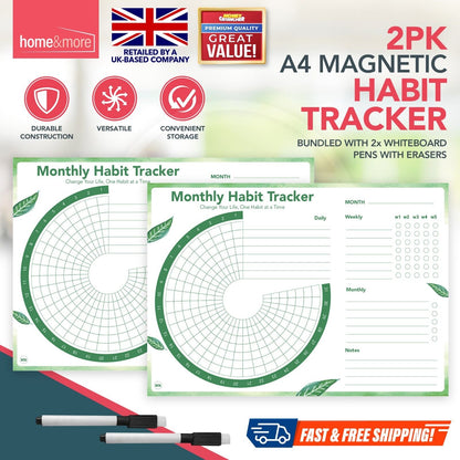 2X Magnetic Habit Tracker A4 Daily Weekly Monthly Planner To Do List + Wipe Pens