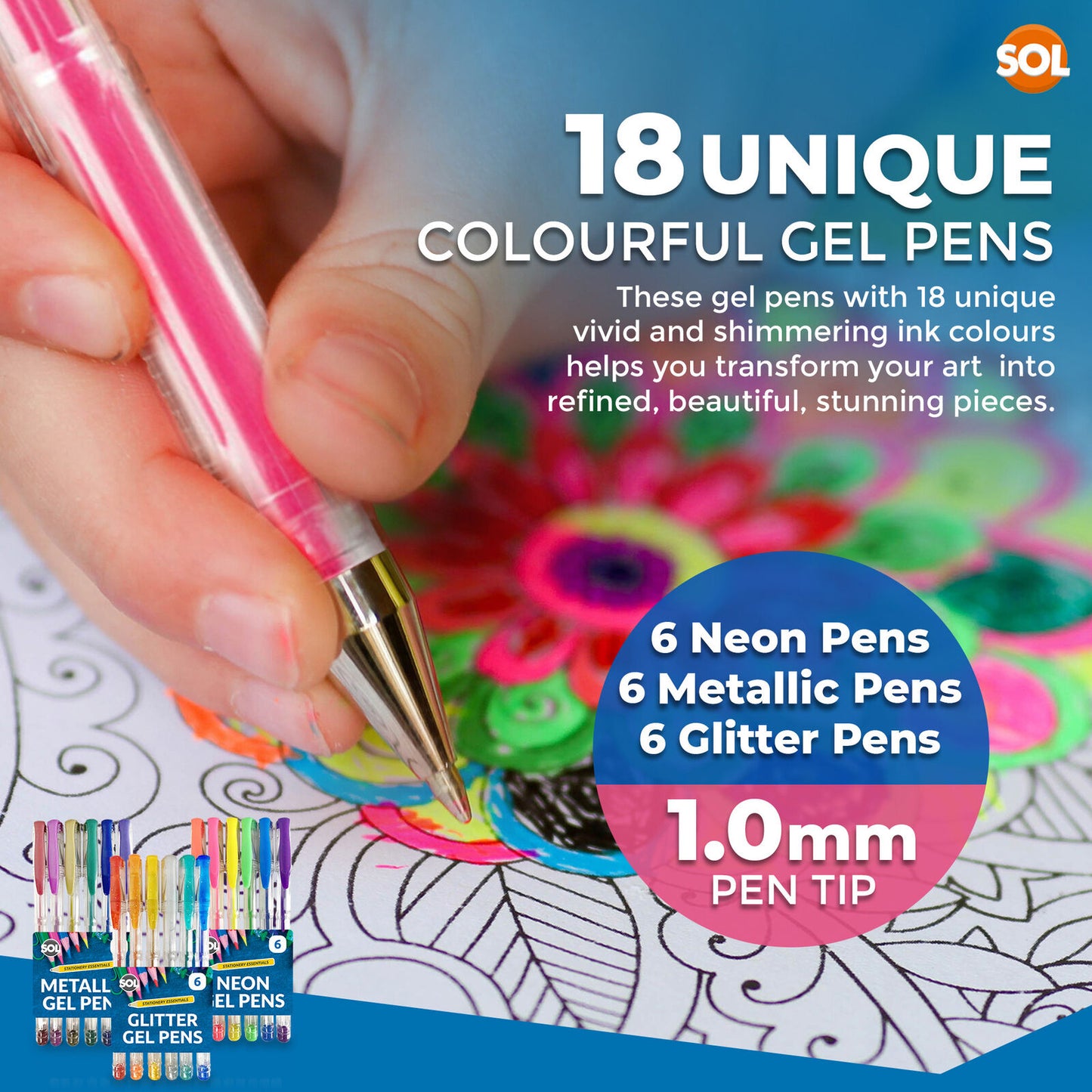 Gel Pens Set | Neon, Glitter & Metallic Colours for Writing and Colouring | 18 Pack