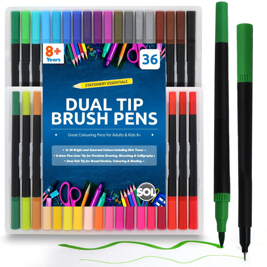 36 Dual Tip Brush Pens Drawing Set Watercolour Colouring Marker Fine Art Colour