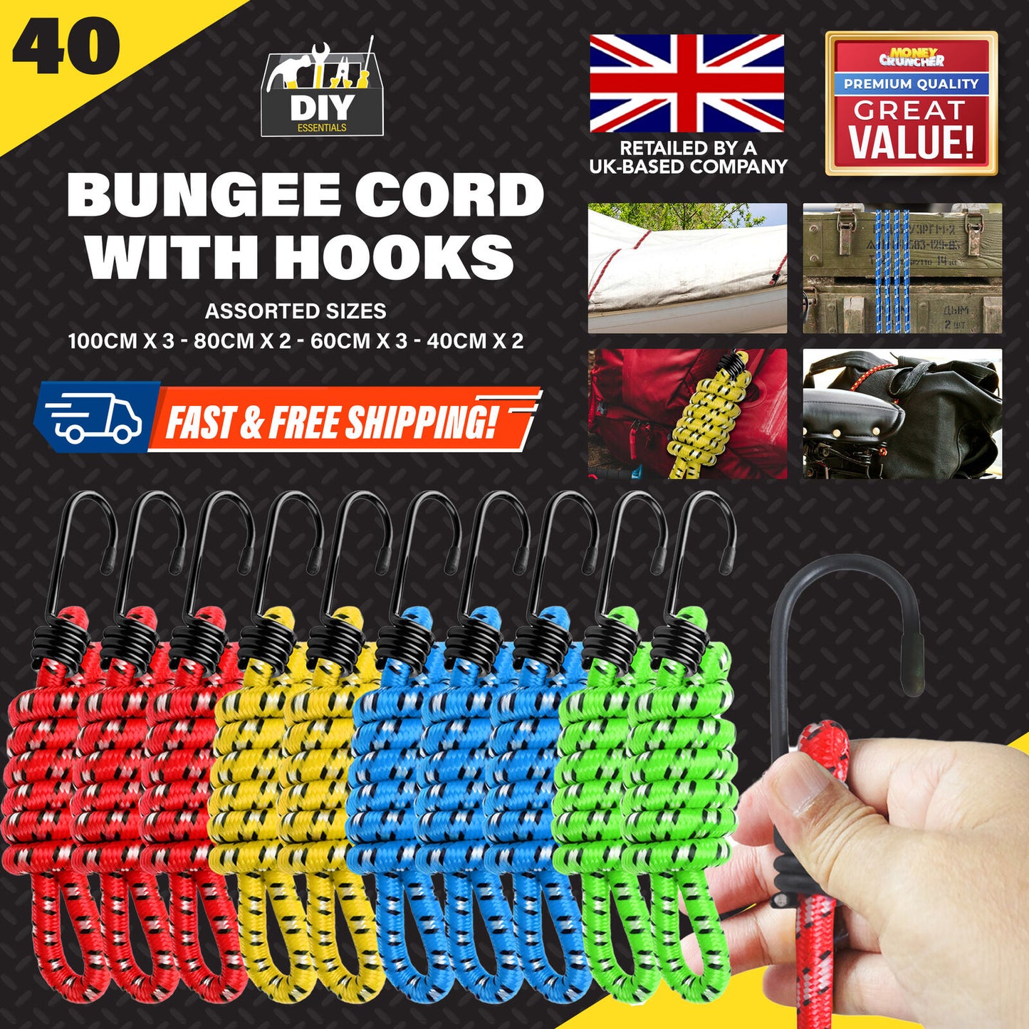 10-40 Heavy Duty Long Bungee Cords 40cm-1M Elastic Luggage Straps with Hooks Car