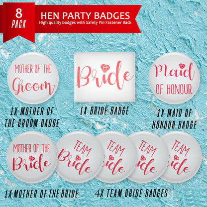 8 Team Bride Hen Party Badges | Pink Night Do Accessories Bag Fillers Pin Set