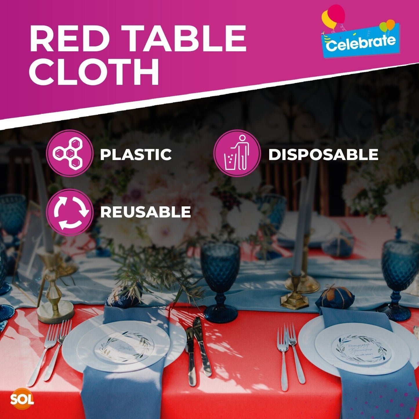 3 Red Plastic Table Covers Square Tablecloth Disposable Wipe Clean Party Cloth