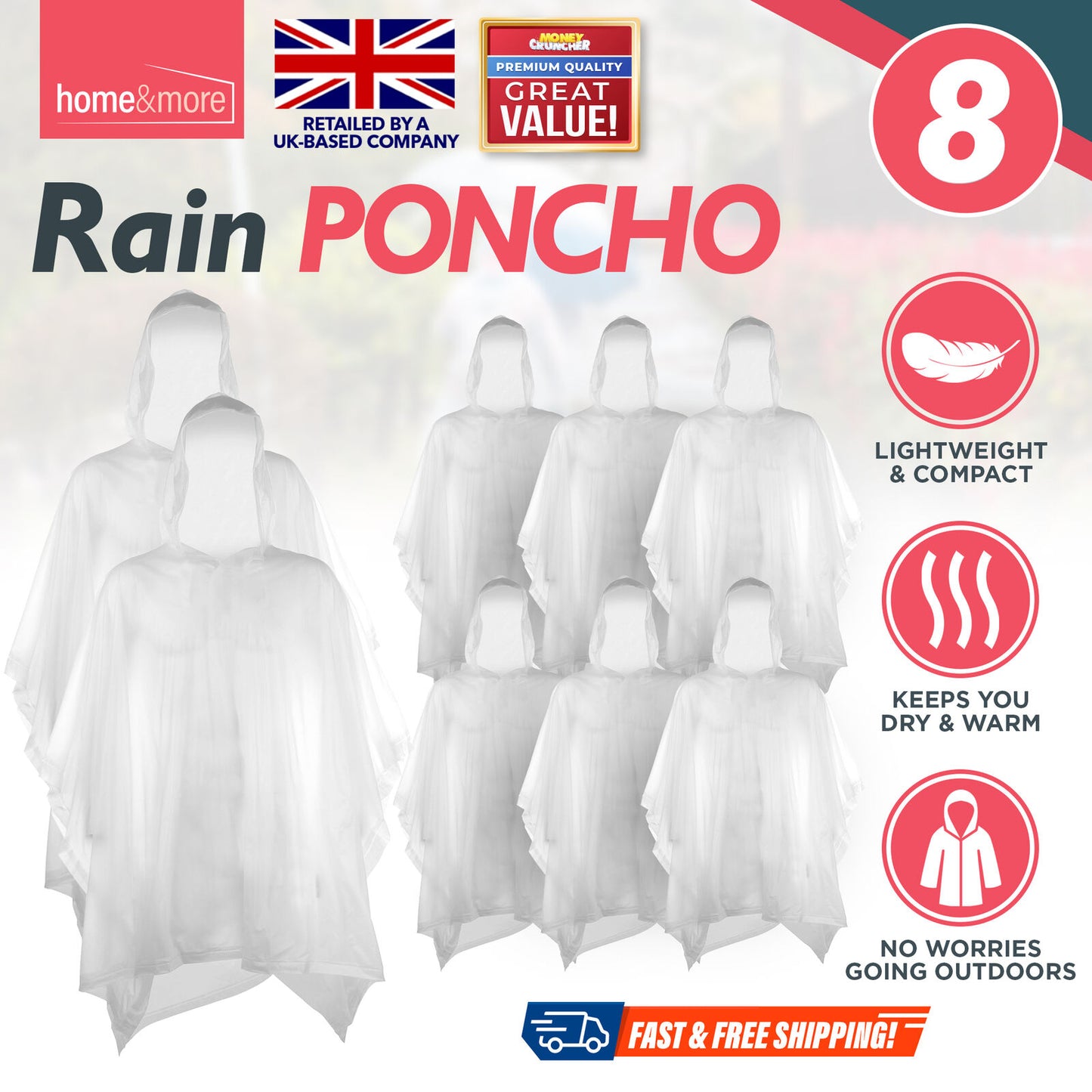 2-8 Waterproof Rain Poncho | Adult Disposable Emergency Camping Hiking Festival