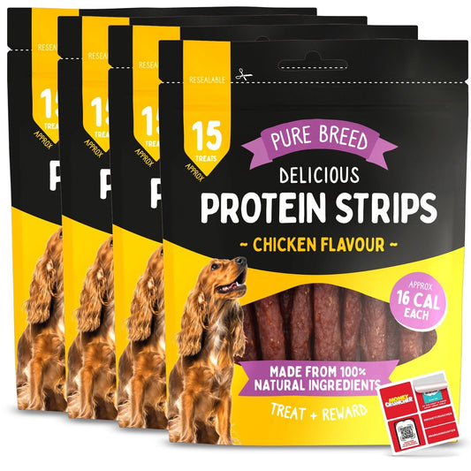 Pure Breed 600g Protein Chicken Strips Dog Treats For Medium Dogs in 4x Resealable 150g Bags, Healthy Low Calorie Natural Treat Made with Real Chicken Chews Training Rewards For Small - Large Pup