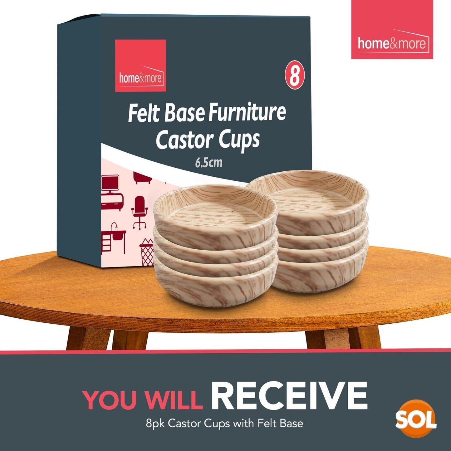 8 Premium Felt Castor Cups Non Slip Caster Floor Chair Leg Furniture Protectors