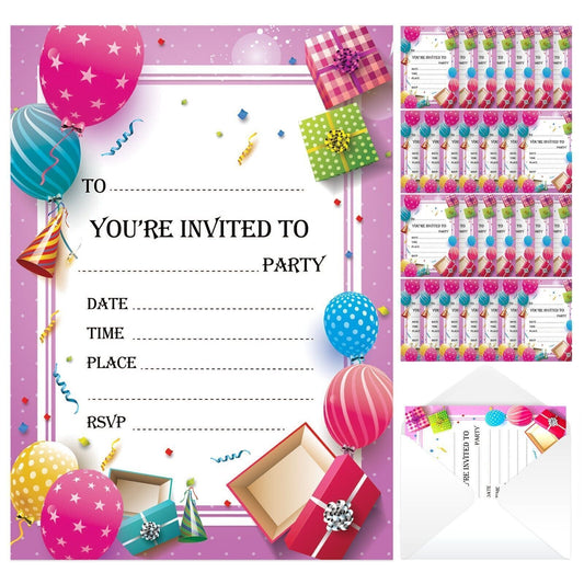 28-56 Birthday Party Invitations Girls Boys Kids Children Invites with Envelopes