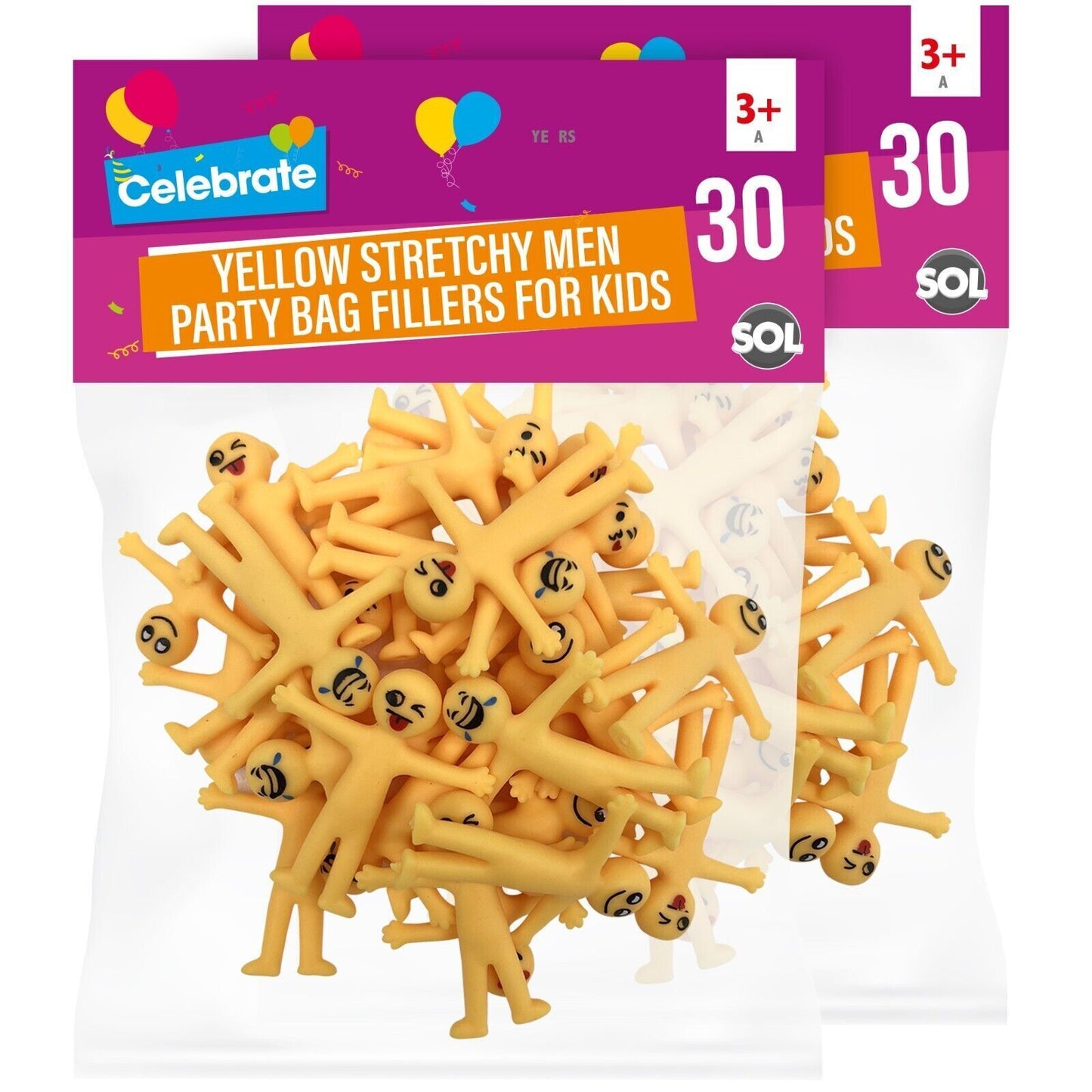 60 Yellow Stretchy Men | Party Bag Fillers Kids Fun Smiley Man Sticky Loot Toys