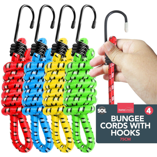 4pk Bungee Cords 75cm Long Elastic Luggage Straps Rope with Hooks Clips Car Bike