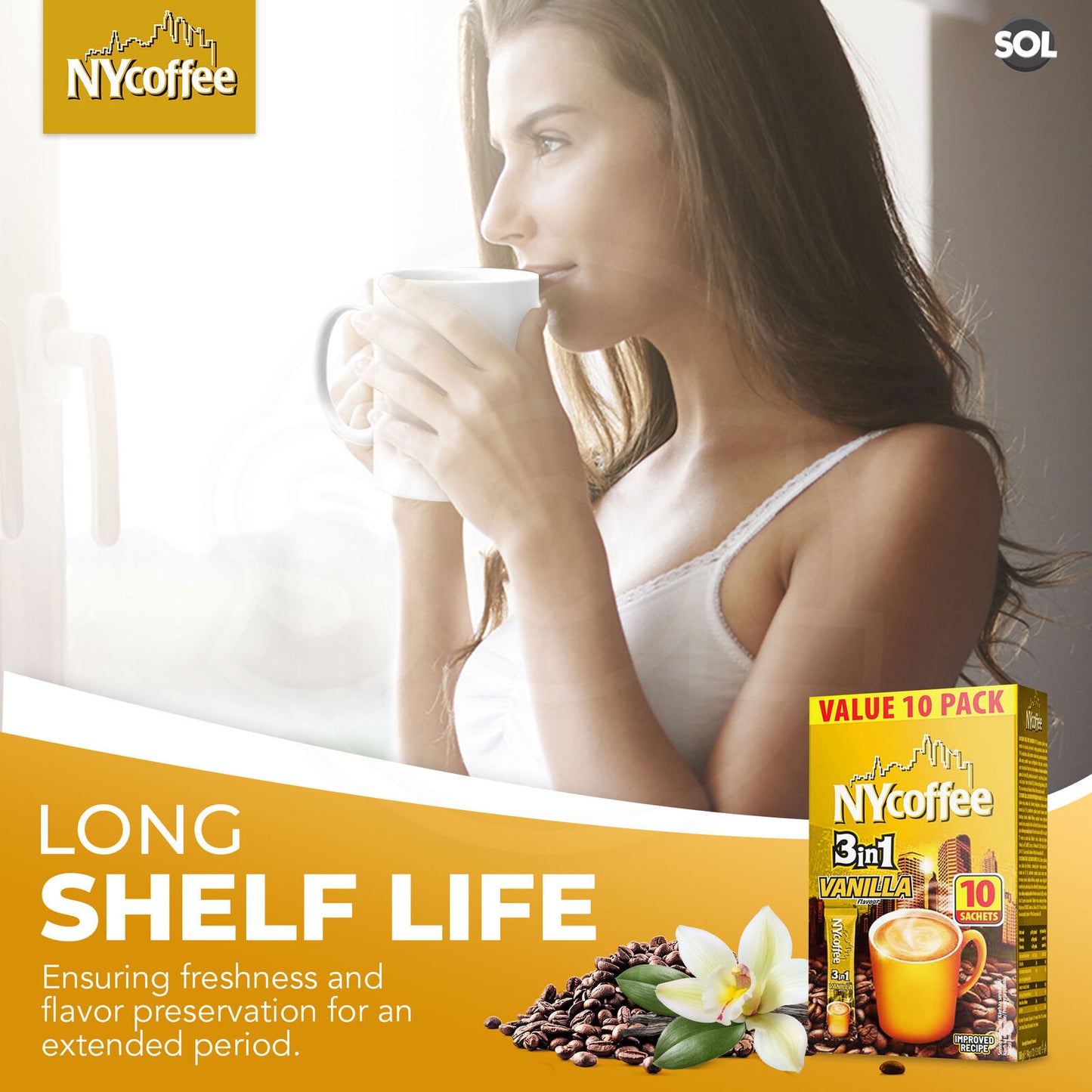 NY Coffee 3 in 1 Vanilla 100 Sachets Sticks 10x10pk Instant White & Sugar