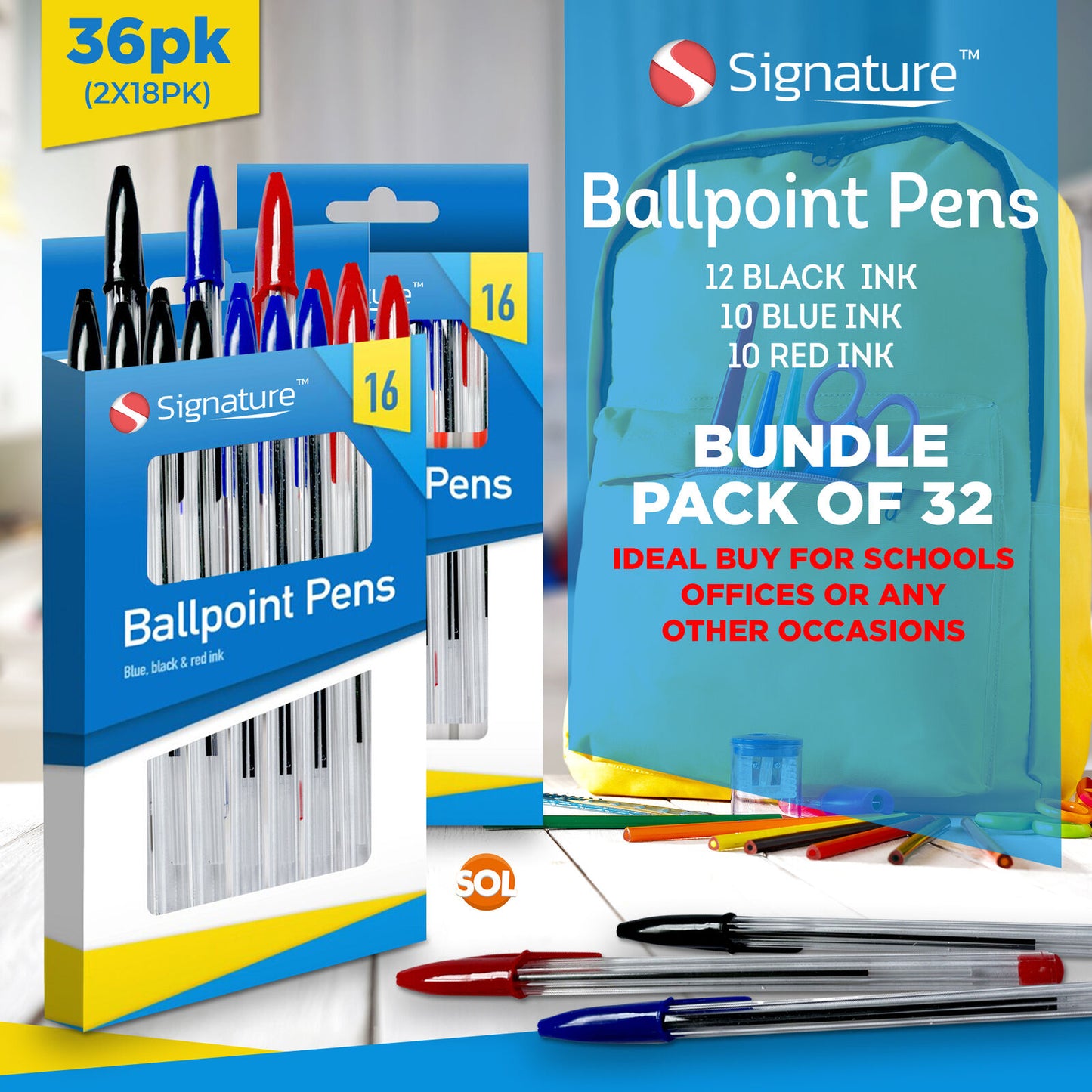 32 Ballpoint Pens Set | High Quality Medium Ball Point Pen Biros Black Blue Red
