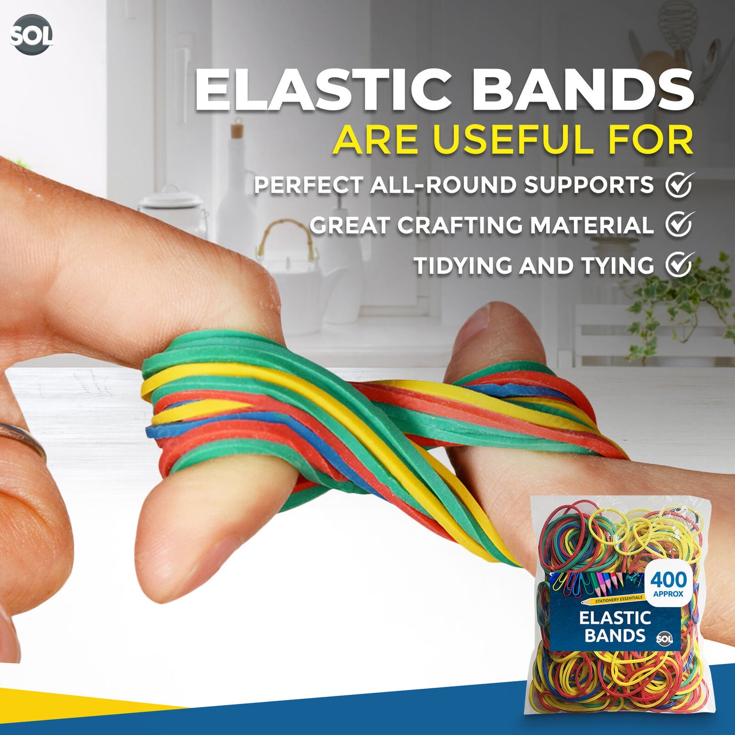 400pk Strong Elastic Rubber Bands Assorted Colours Sizes Home, School and Office