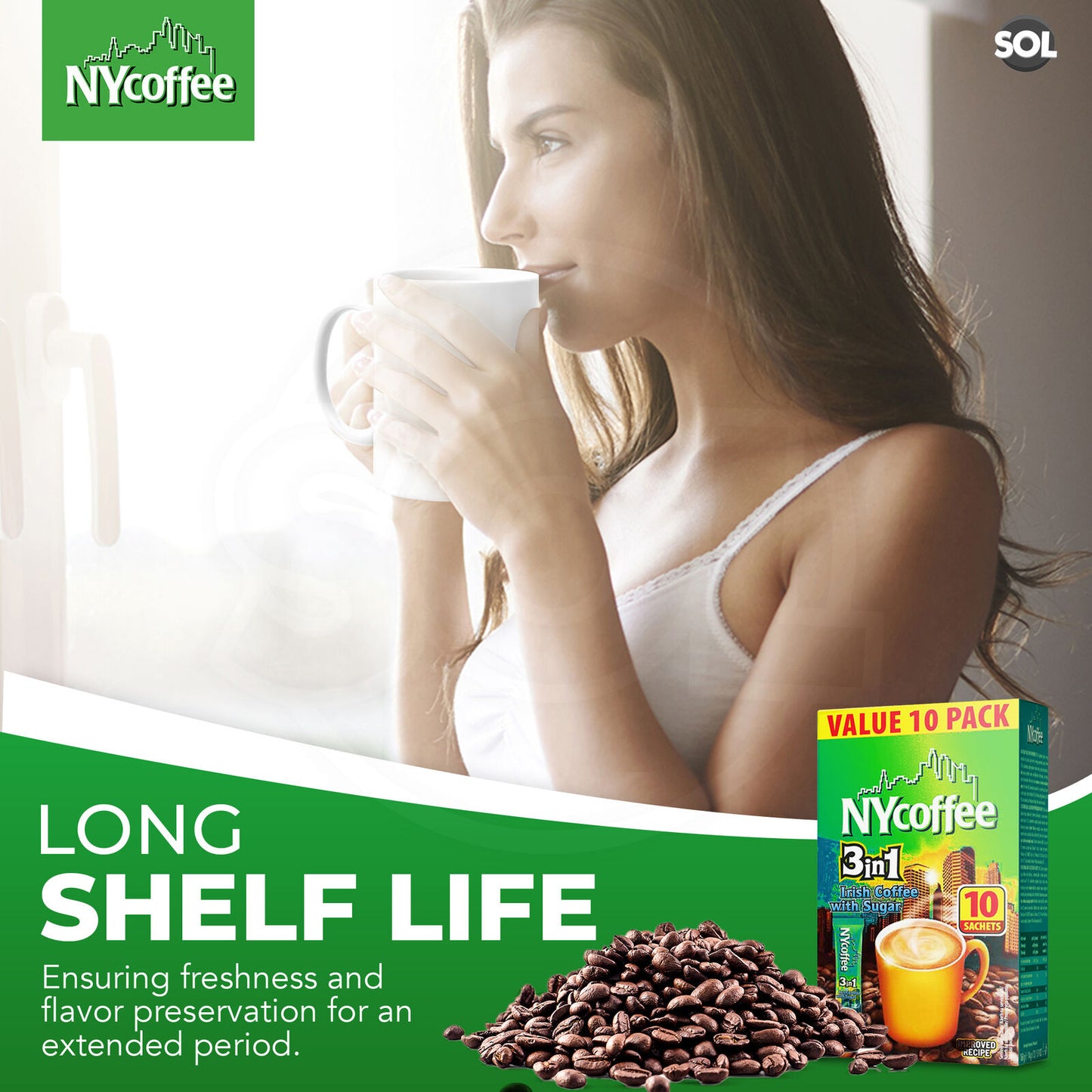NY Coffee 3 in 1 Irish 100 Sachets Sticks 10x10pk Instant White With Sugar