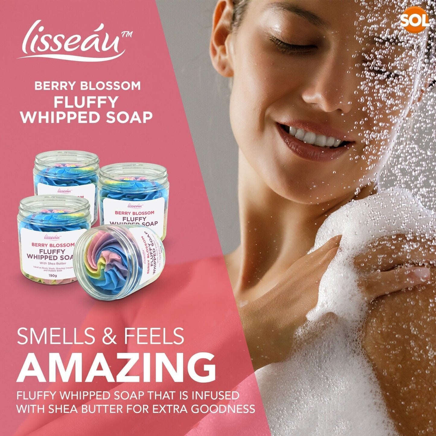 2pk Whipped Soap Shower Fluff Set Shea Butter Whip 190g Berry Blossom Bath Body