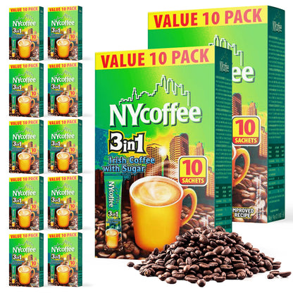 NY Coffee 3 in 1 Irish 100 Sachets Sticks 10x10pk Instant White With Sugar