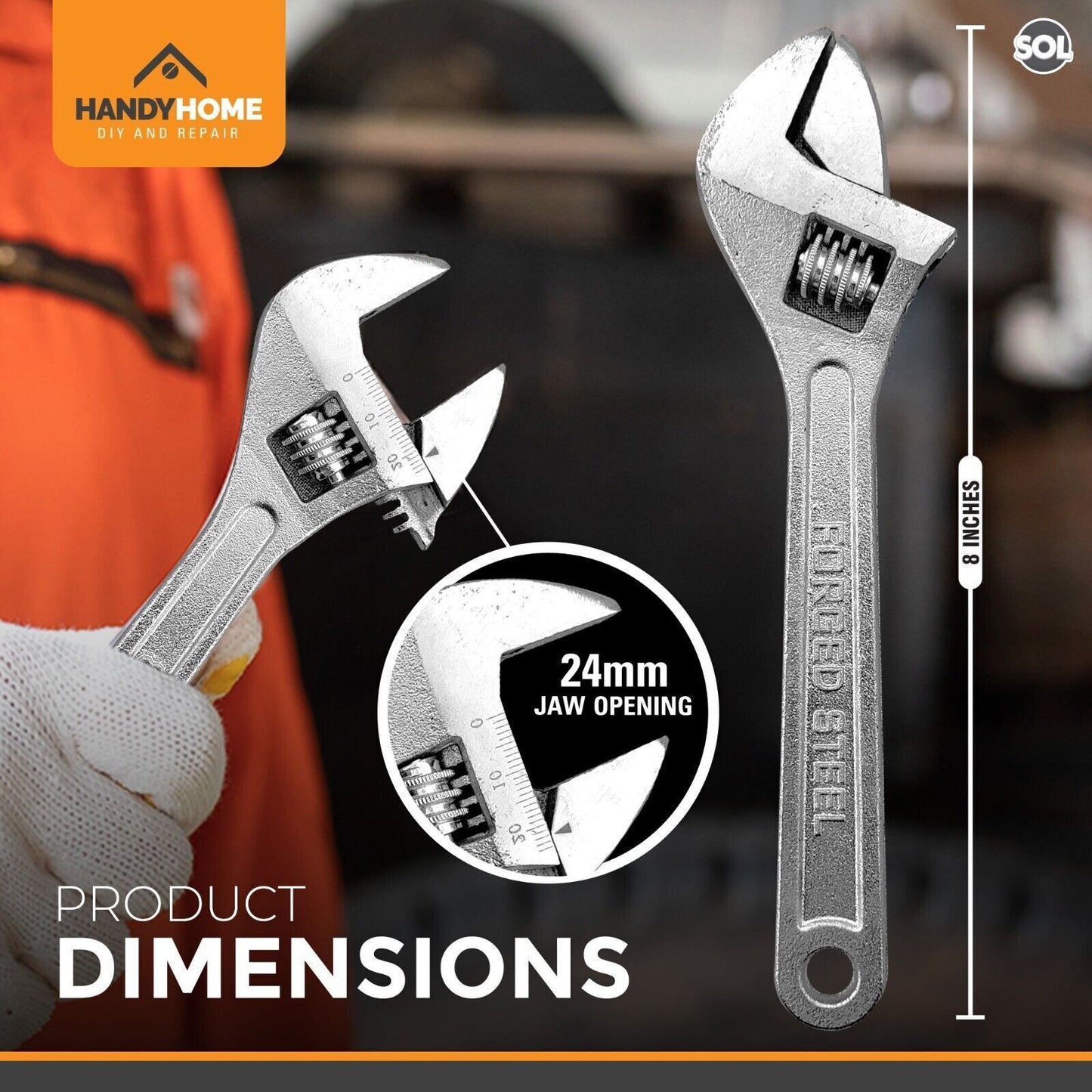Adjustable Wrench Spanner 8" 200mm | Heavy Duty Wrenches Tool 0-24mm Opening Jaw