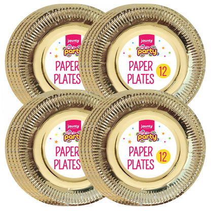 12-48pk Gold Silver Paper Plates 9 Inch Round Disposable Party Tableware Events