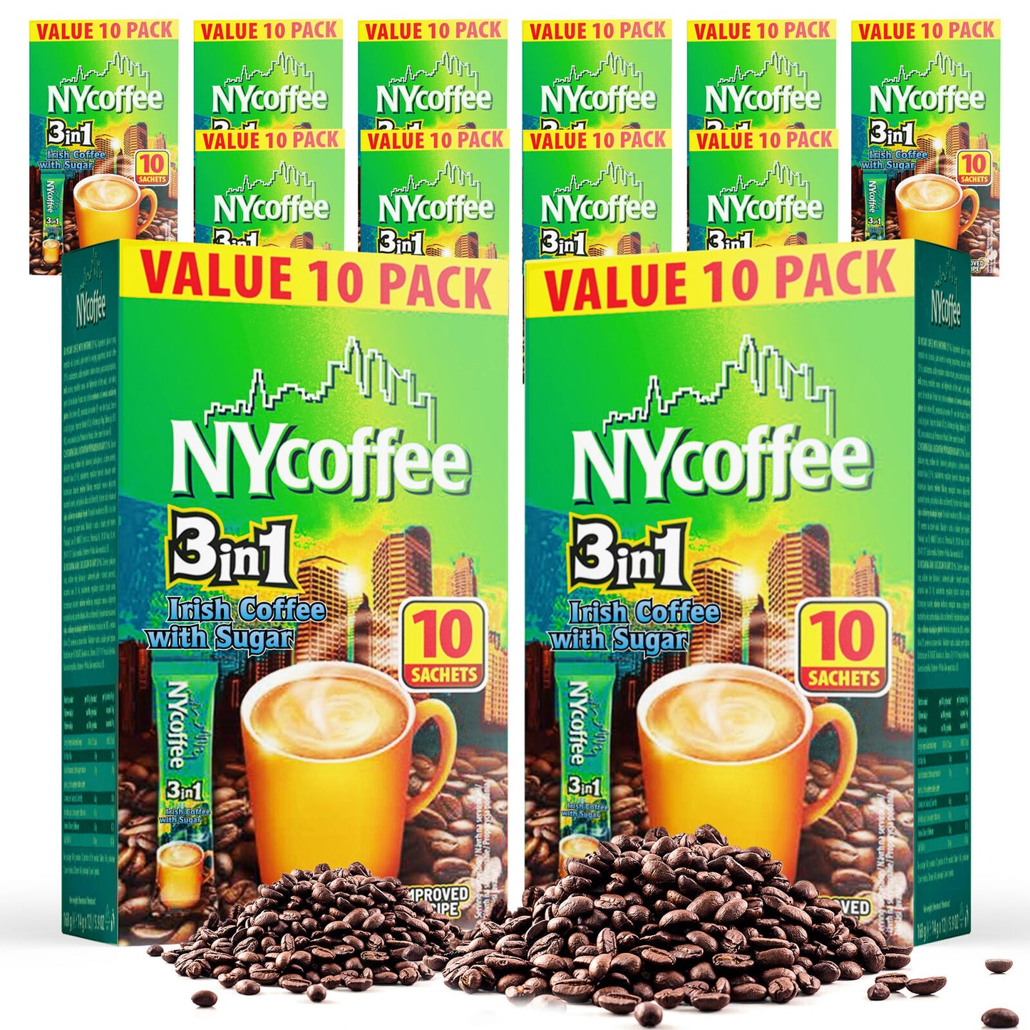 NY Coffee 3 in 1 Irish 100 Sachets Sticks 10x10pk Instant White With Sugar