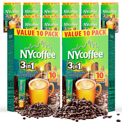 NY Coffee 3 in 1 Irish 100 Sachets Sticks 10x10pk Instant White With Sugar