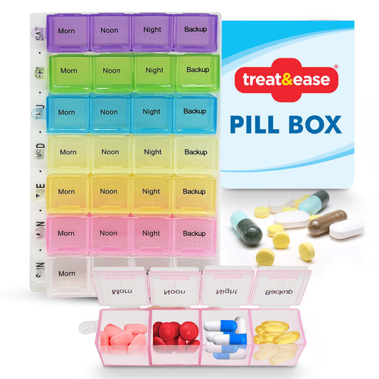 Large Capacity Pill Organiser for 1x Week - 7 Days - Morning, Noon, Night & Backup