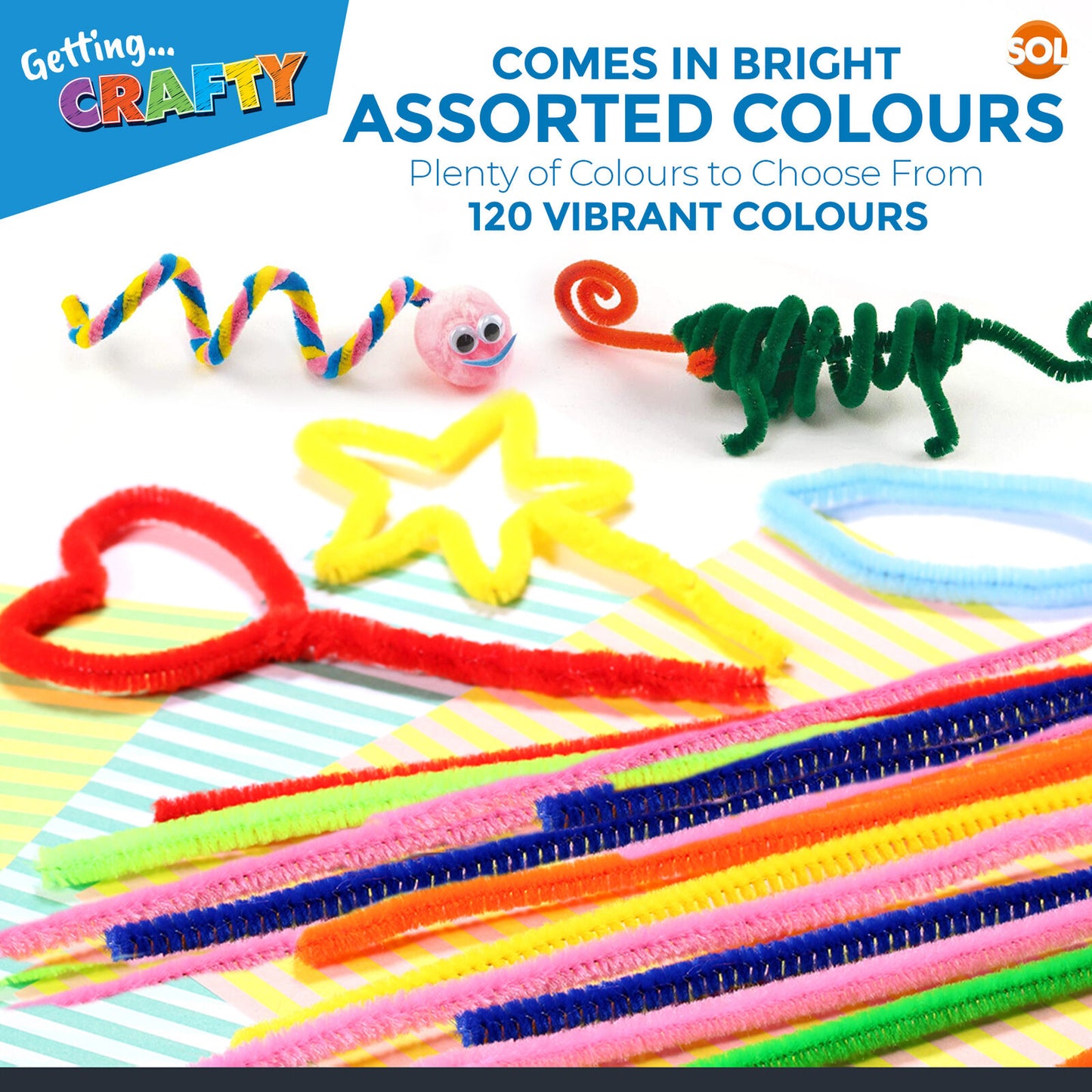 120 High Quality Pipe Cleaners Chenille Craft Stems Assorted Colours 30cm Long
