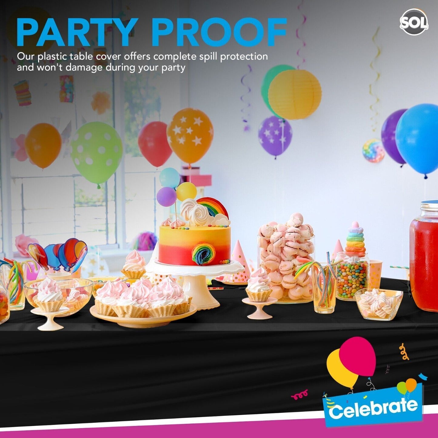 6pk Black Plastic Table Covers Tablecloth Disposable Wipe Clean Party Tablecover