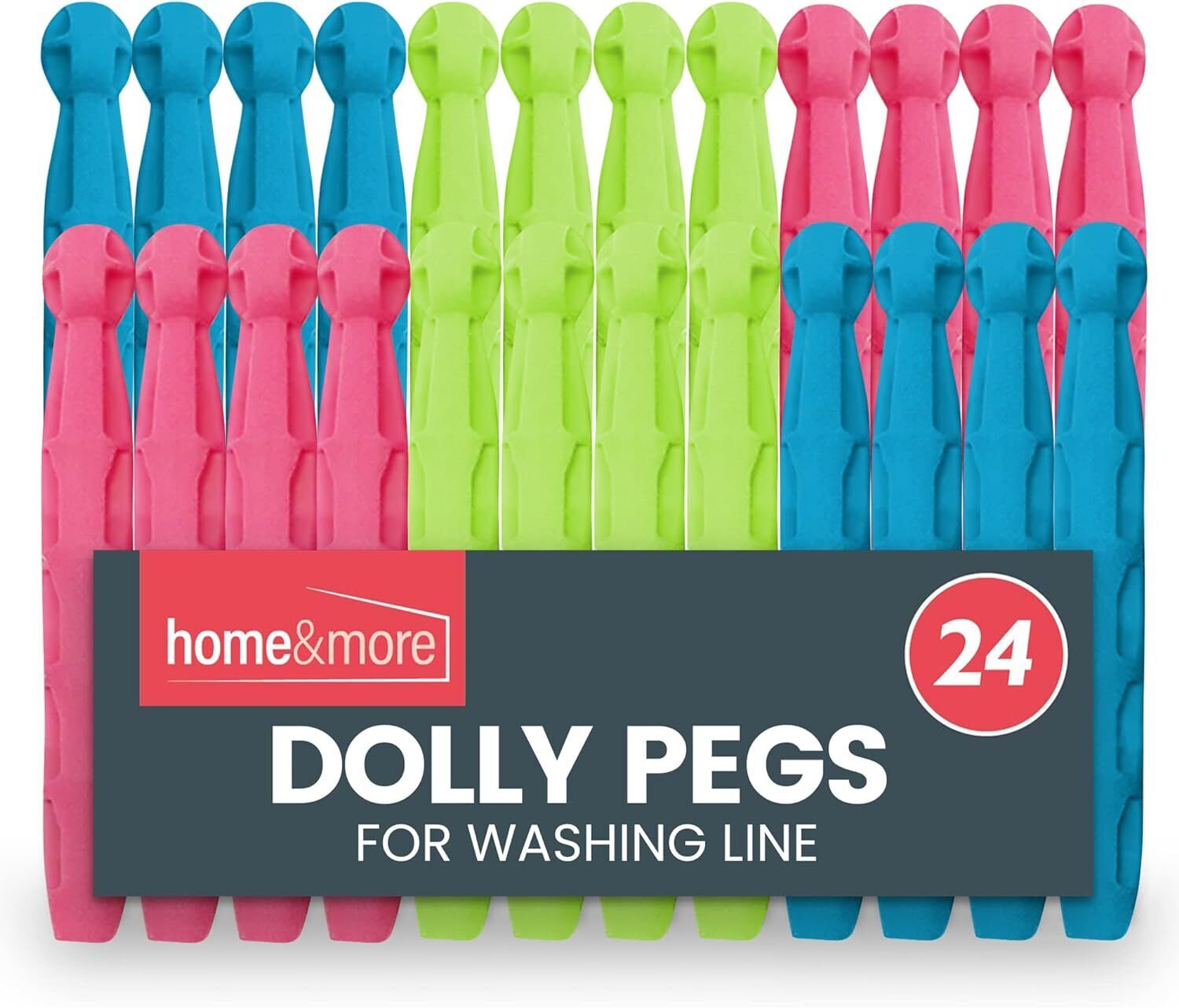 A set of 24 colorful plastic dolly pegs for washing clothes line, displayed in an assortment of green, blue, and pink.