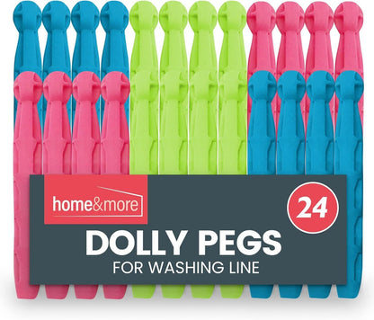 A set of 24 colorful plastic dolly pegs for washing clothes line, displayed in an assortment of green, blue, and pink.