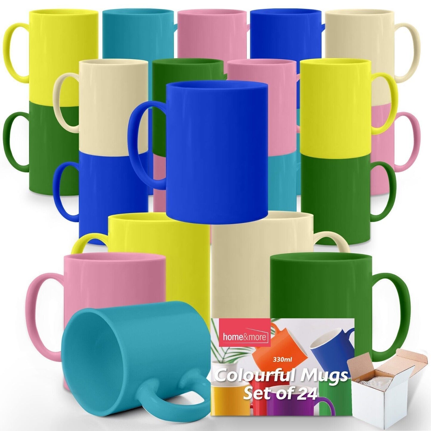 12-36 Multi Coloured Mugs 330ml | Colourful Ceramic Stoneware Coffee Tea Cup Set