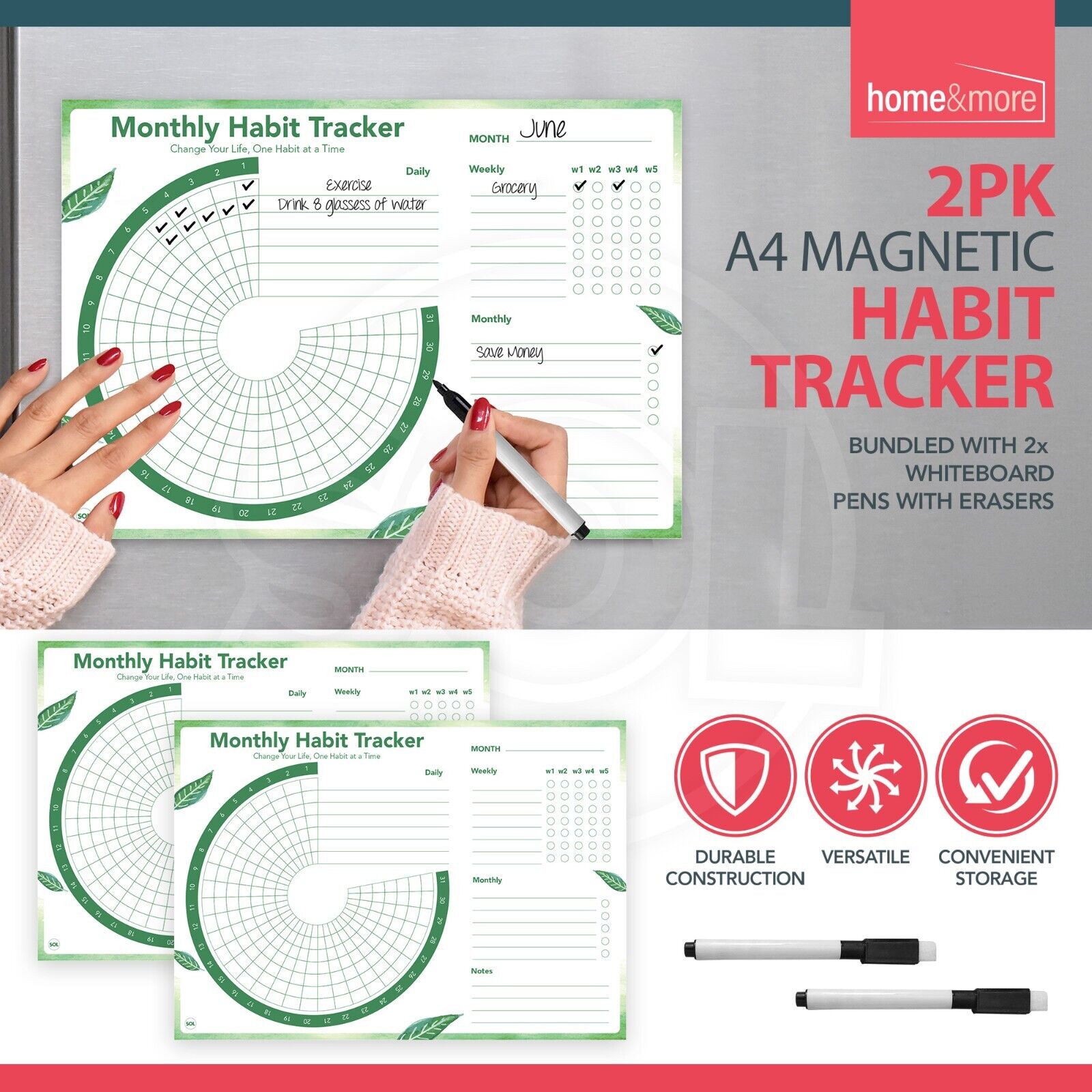 2X Magnetic Habit Tracker A4 Daily Weekly Monthly Planner To Do List + Wipe Pens