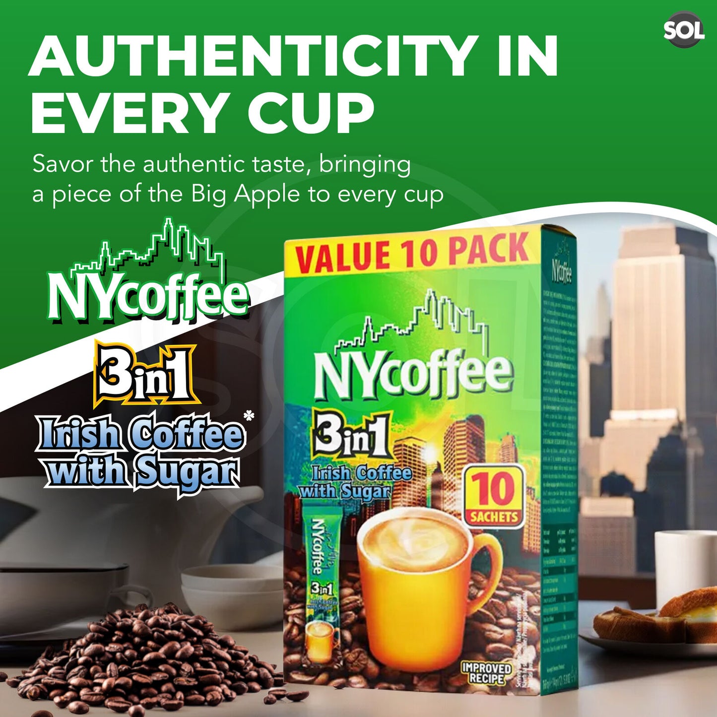 NY Coffee 3 in 1 Irish 100 Sachets Sticks 10x10pk Instant White With Sugar