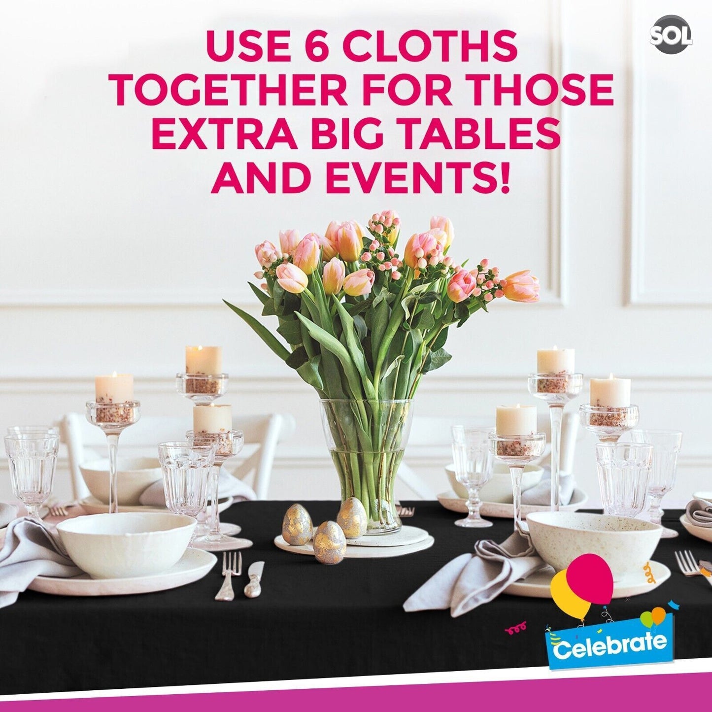 6pk Black Plastic Table Covers Tablecloth Disposable Wipe Clean Party Tablecover