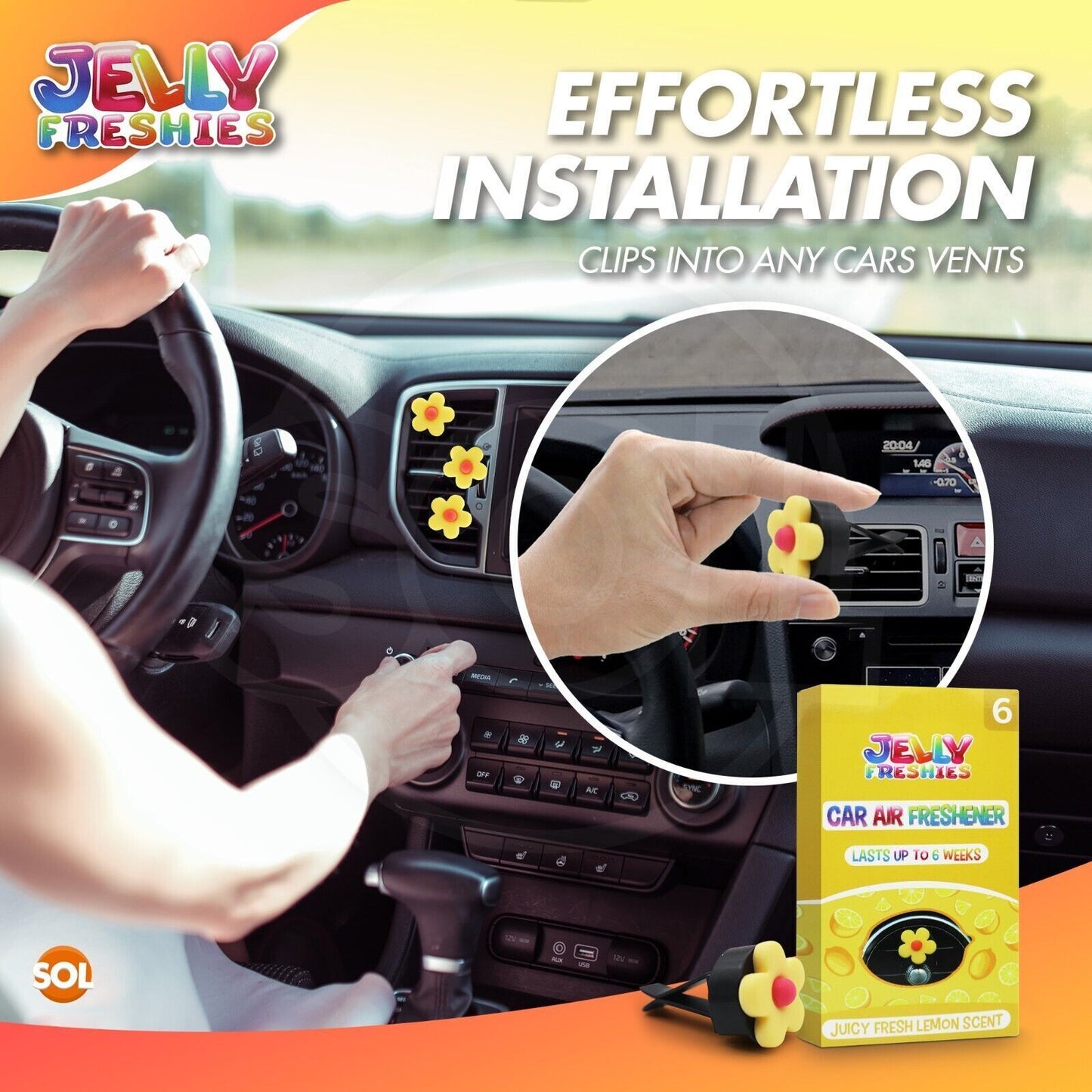 6pk Car Air Freshener Vent Clip on Flowers Fresh Juicy Lemon Scent Auto Freshner