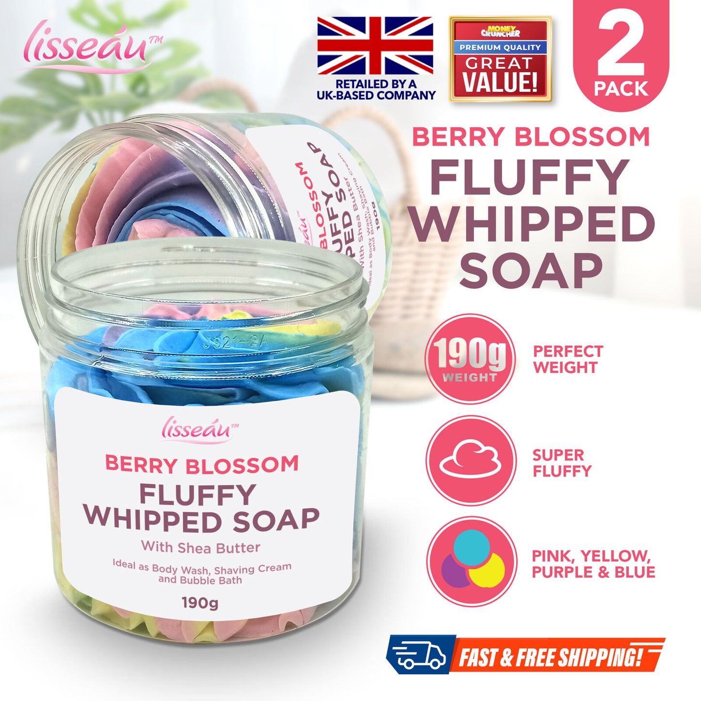 2pk Whipped Soap Shower Fluff Set Shea Butter Whip 190g Berry Blossom Bath Body