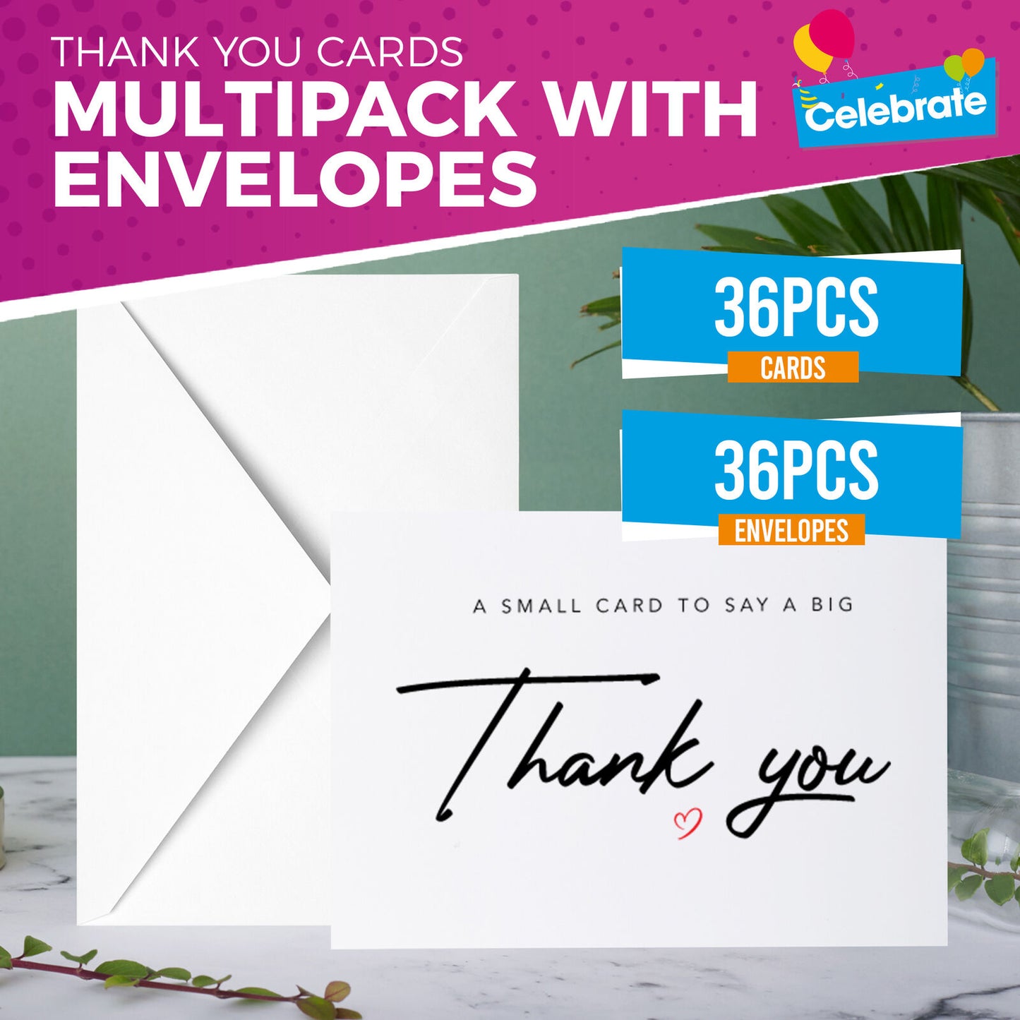 18-36 Pack Thank You Cards with Envelopes | A6 Thankyou Notes Birthday Wedding