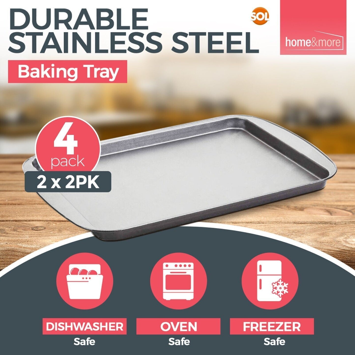 4 Oven Tray Set 38 x 25cm Large Roasting Pan Baking Bakeware Kitchen Steel Sheet