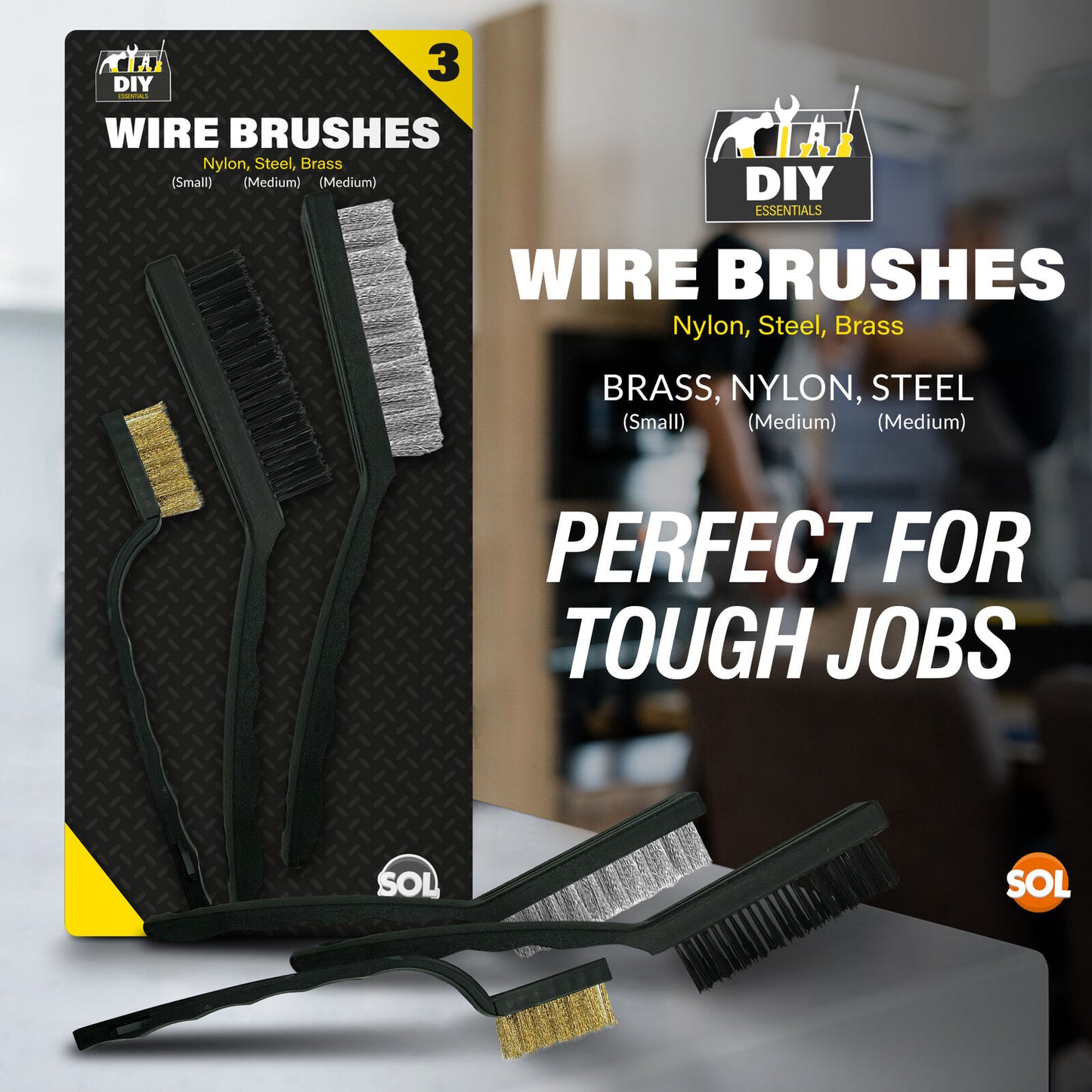 3pk Wire Brush Set Steel Brass Nylon Cleaning Polishing Metal Rust Paint Remover