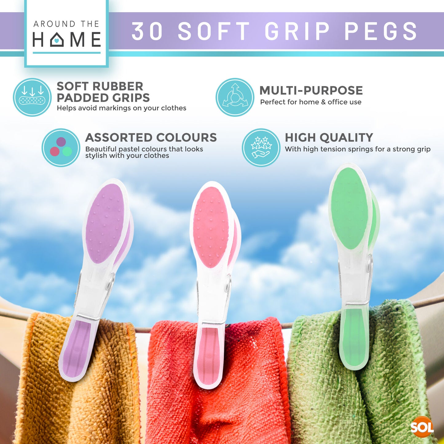 30 Pack Soft Grip Clothes Pegs Strong Plastic Laundry Rubber Clips Washing Line