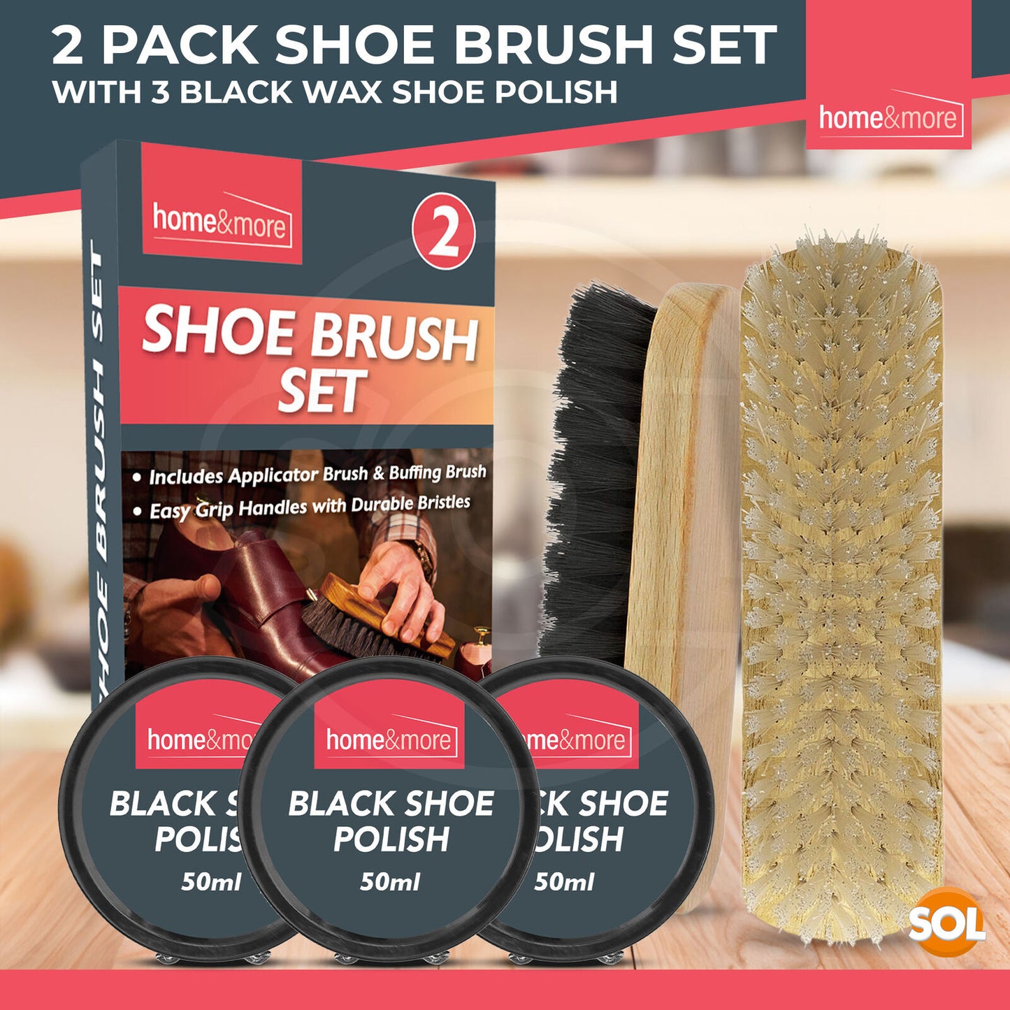 2 Shoe Brush Set Cleaning Kit Black Brown Polish Leather Boot Shine Brushes Care