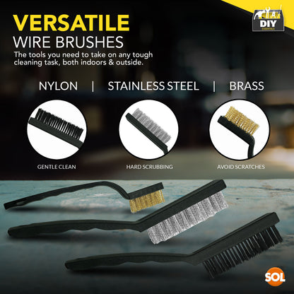 3pk Wire Brush Set Steel Brass Nylon Cleaning Polishing Metal Rust Paint Remover