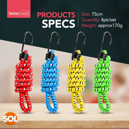 4pk Bungee Cords 75cm Long Elastic Luggage Straps Rope with Hooks Clips Car Bike