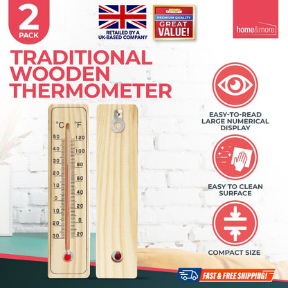 2-4 WOODEN WALL THERMOMETER | Indoor Outdoor Home Room Office Garden Greenhouse